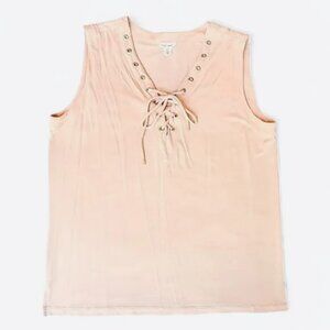 Y2K Tribal Jeans Ballet Pink Knit Lace Up V-Neck Sleeveless Coquette Tank Top‎ L